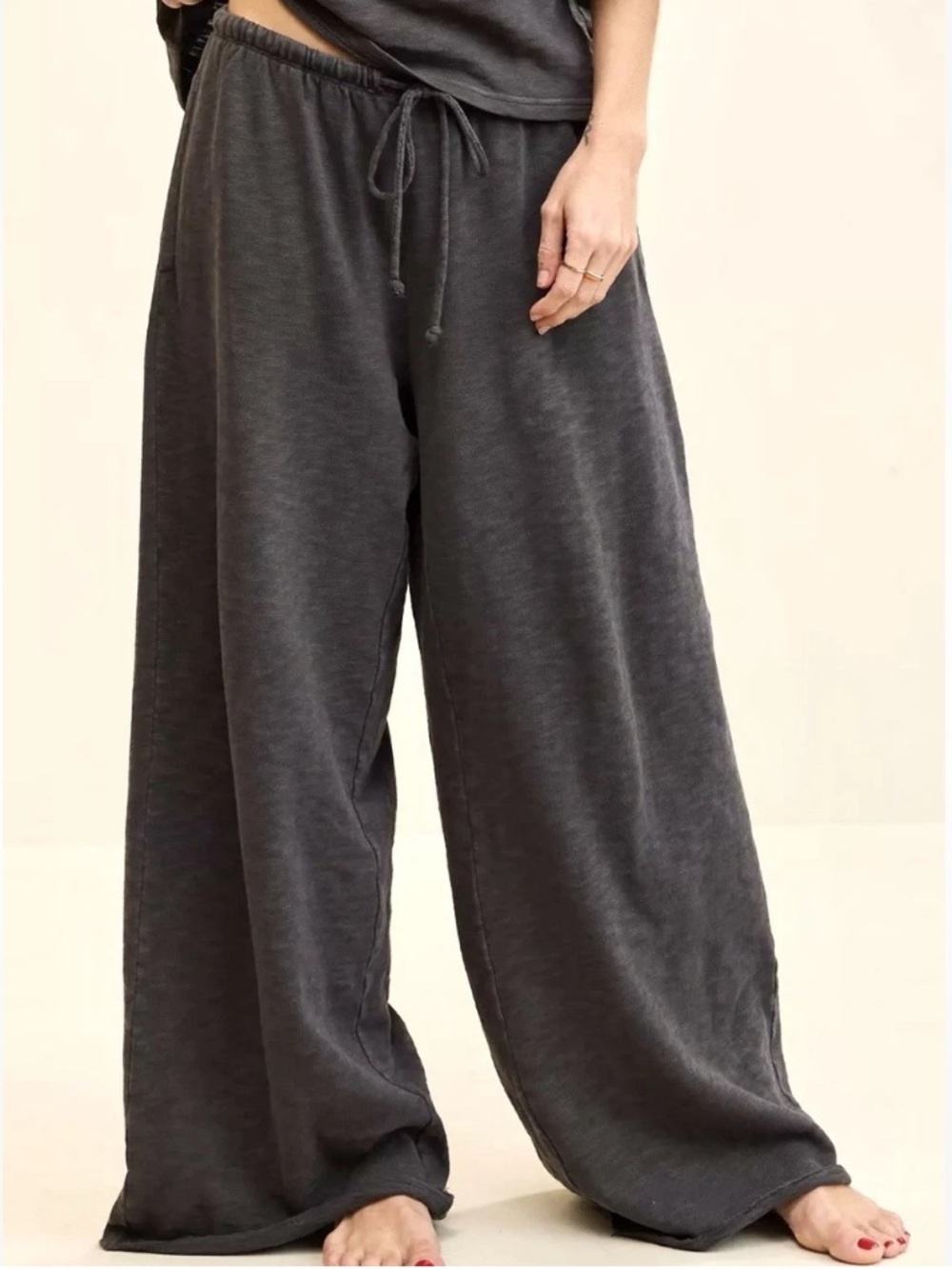 Aerie Its Casual Knit Slub Trouser - Gray Wide Leg Pants Pockets Drawstring